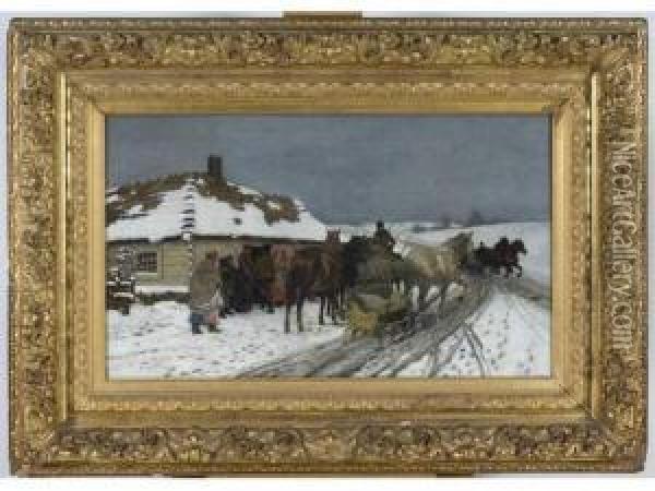 Troika Et Halte De Cavalerie Dans La Neige Oil Painting - Antoni Piotrowski