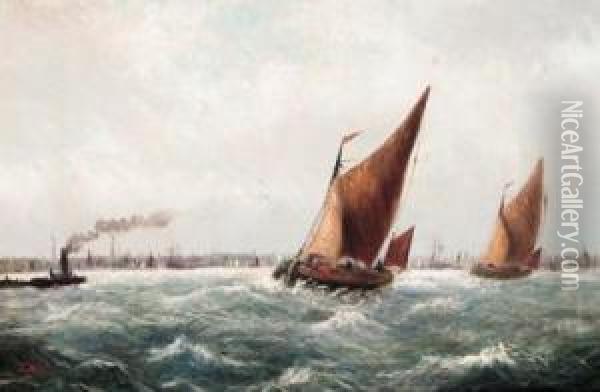 Barges On The Mersey Before Liverpool On A Blustery Day Oil Painting - Theodore John Morgan