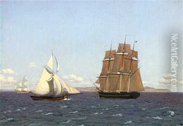 Et Fregatskib Og En Slup Oil Painting - Christoffer Wilhelm Eckersberg