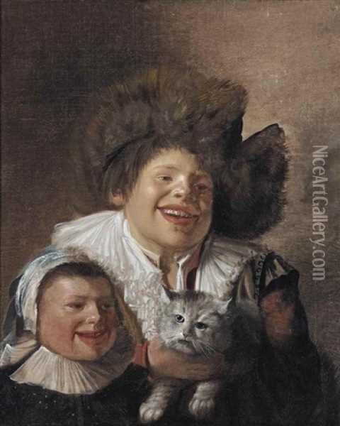 A Smiling Girl And A Boy With A Fur Hat Holding A Cat Oil Painting - Jan Miense Molenaer