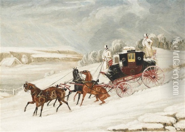 London To Glasgow Mail Coach In The Snow Oil Painting - James Pollard
