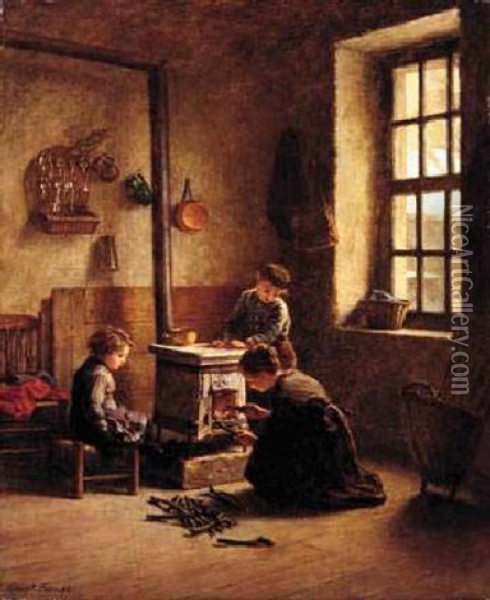 Lighting The Stove Oil Painting - Pierre Edouard Frere