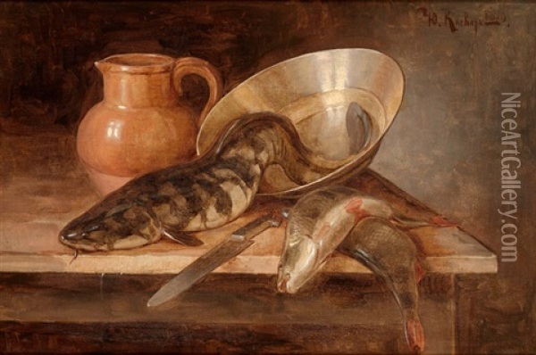 Still Life With Fish Oil Painting - Yuliy Yulevich Klever the Younger