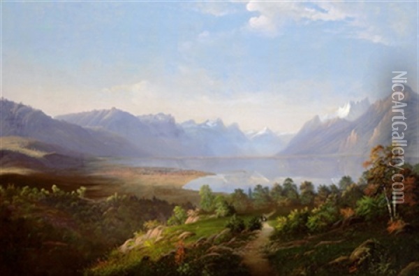 Blick Uber Den Genfer See Auf Genf Oil Painting - Ludwig Eduard Boll