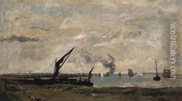 Boats And Barges In The Thames Estuary Oil Painting - Karl Pierre Daubigny