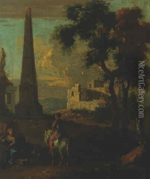 Landscape With Peasants And Travellers Resting By Classical Monument Oil Painting - Franz de Paula Ferg