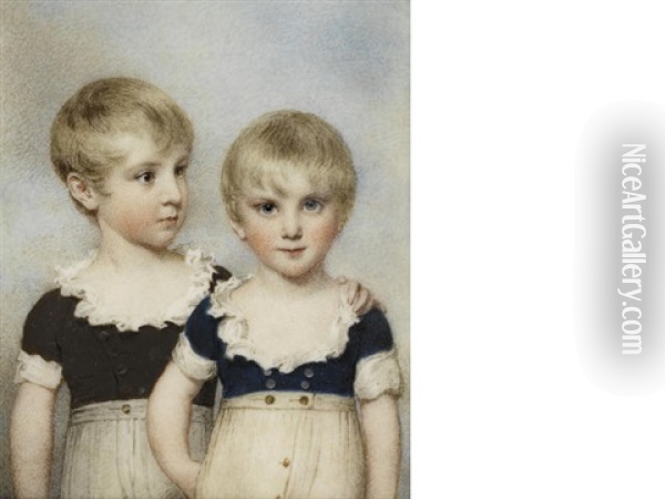 A Rare Double-portrait Of The Beauvais Boys: Lewis And Alexander Beauvais, Aged 5 And 4 Years Respectively; Lewis, With Turned Head And A Protective Hand On His Younger Brother's Shoulder Oil Painting - William Wood