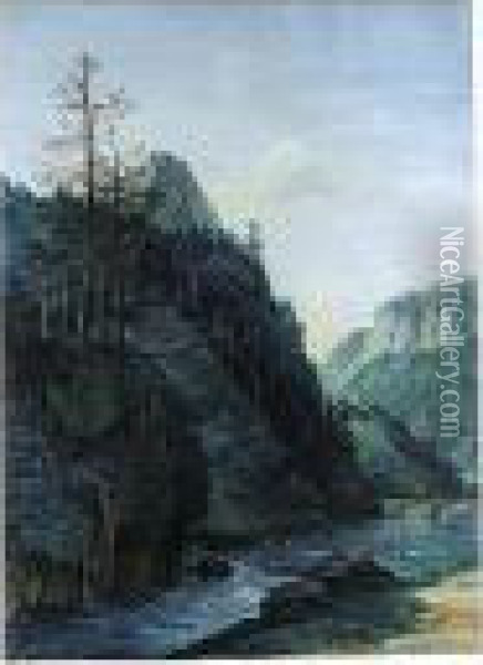 A Mountainous River Landscape Oil Painting - Christian Georg Ii Schuz