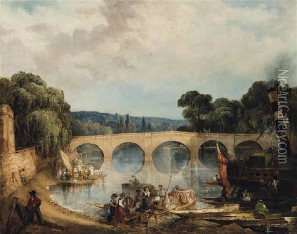 A View Of Richmond Bridge A Steamboat And Punts In The Foreground Oil Painting - William James Mueller