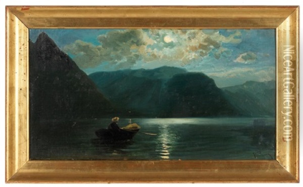 Landschaft Mit See Und Ruderboot Im Mondschein, Im Salzkammergut Oil Painting - Anton Hlavacek