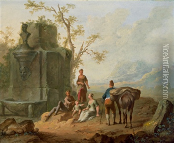 Eine Schaferszene An Einem Zerfallenen Brunnen In Einer Sudlichen Landschaft Oil Painting - Franz de Paula Ferg