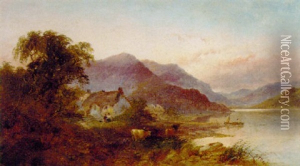 Cattle Watering Before A Cottage In A Mountainous Landscape Oil Painting - Joseph Horlor