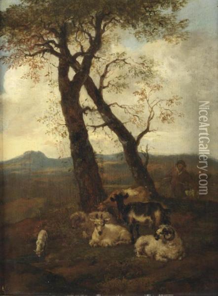 A Hilly Landscape With A Shepherd And His Flock Oil Painting - Jacob Van Der Does I