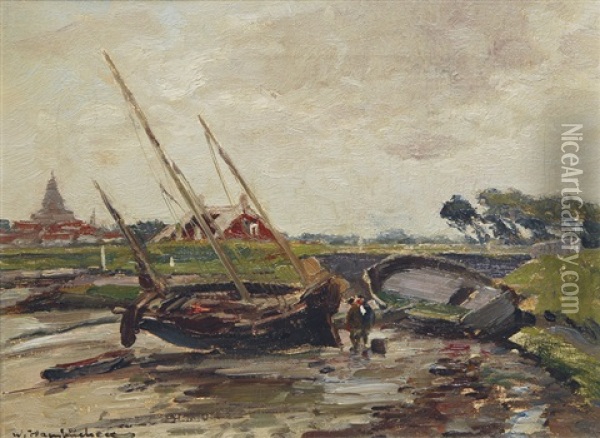 Ships In A Canal At Ebb Tide Oil Painting - Wilhelm Hambuechen