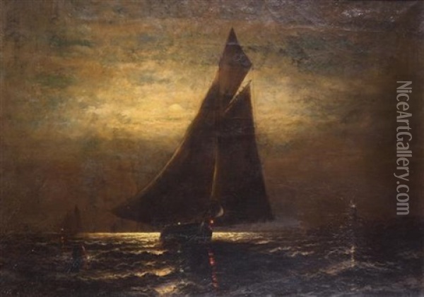 Sailboat Coming Into Harbor At Dusk Oil Painting - Elbridge Wesley Webber