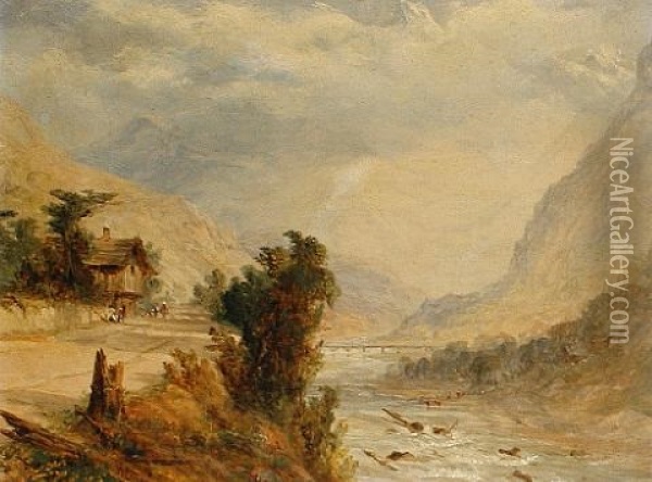 A Swiss River Landscape Oil Painting - William Oliver the Younger