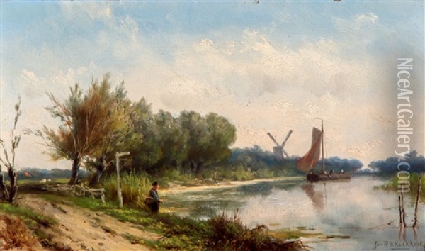 Landschap Met Visser Aan Een Vaart Oil Painting - Johannes Hermanus Barend Koekkoek