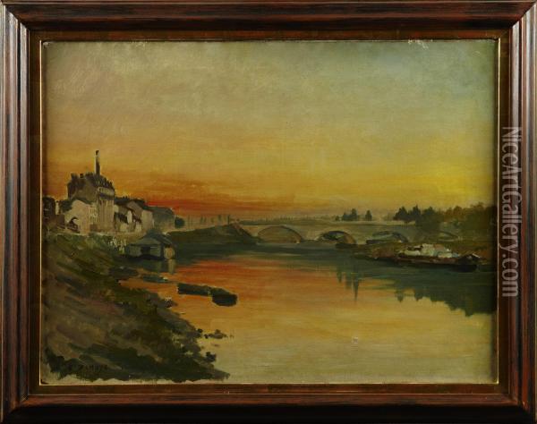 Franskt Flodlandskap I Solnedgang Oil Painting - Pierre-Emmanuel Damoye