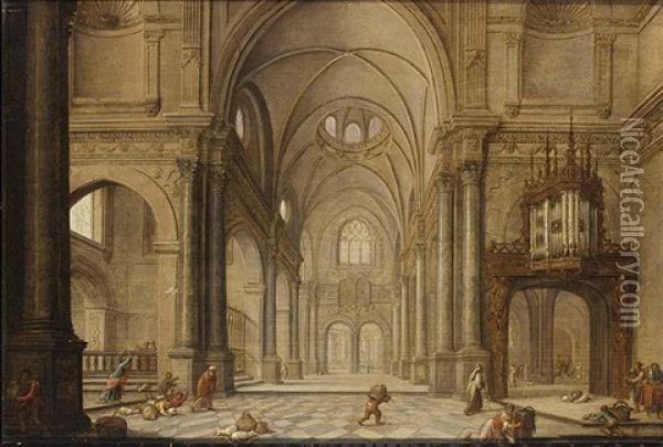 A Church Interior With Christ Driving The Moneychangers From The Temple Oil Painting - Hans Jurriaensz van Baden