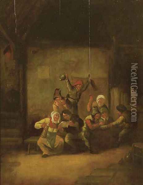 Boors drinking and singing in a barn Oil Painting - Adriaen Jansz. Van Ostade