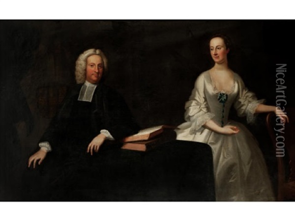 Portrait Of The Reverend Herbert Taylor Of Bifrons, Kent (1698-1765) And His Wife Mary, Half Length, Seated In An Interior Oil Painting - Thomas Hudson