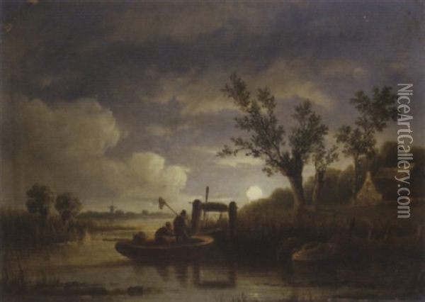 Fishermen At Work By Moonlight Oil Painting - Jacobus Loerenz Sorensen