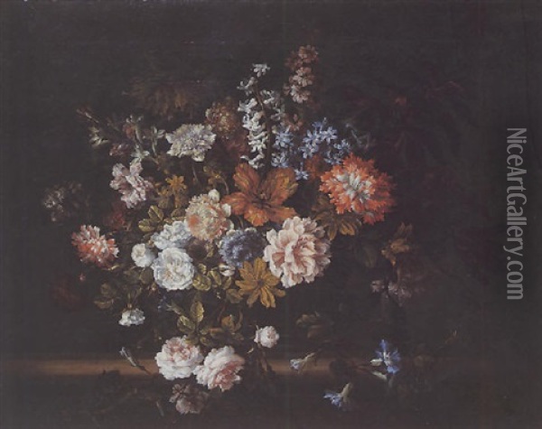 Bouquet De Fleurs Dans Un Vase En Verre Sur Un Entablement De Pierre Oil Painting - Jean-Baptiste Monnoyer