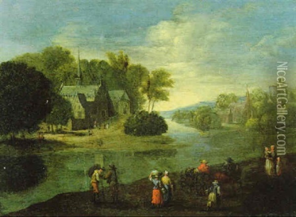 Flaemische Flusslandschaft Mit Reisenden Oil Painting - Joseph van Bredael