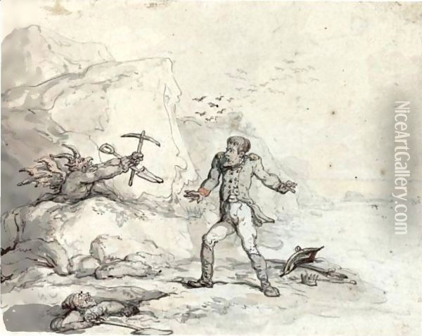 Napoleon On The Shores Of St Helena, Menaced By A Devil With A Pick And Shovel, A Grave-Digger Looking On Oil Painting - Thomas Rowlandson