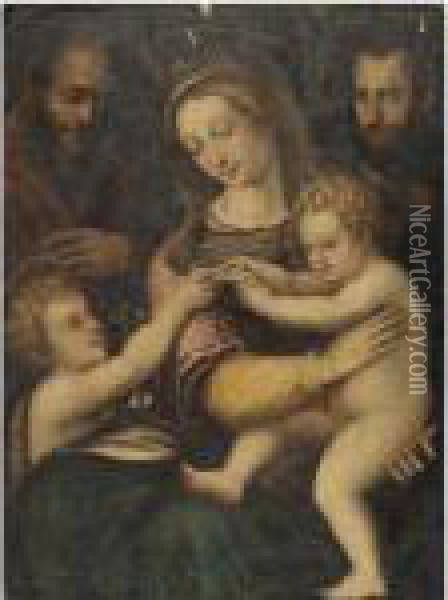 The Holy Family With The Infant Saint John The Baptist And Saint Nicholas Of Tolentino Oil Painting - Raphael (Raffaello Sanzio of Urbino)