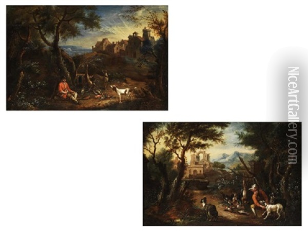 Fantasielandschaften Mit Gebauden (+ Jager Mit Hunden; Pair) Oil Painting - Adriaen de Gryef