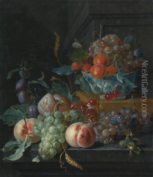 Still Life Of Fruit On A Ledge And In A Blue And White Porcelain Bowl Oil Painting - Coenraet (Conrad) Roepel