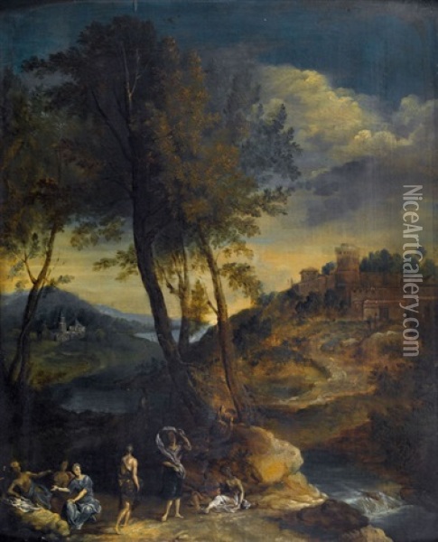 Idyllische Flusslandschaft Mit Staffage Oil Painting - Nicolas Poussin