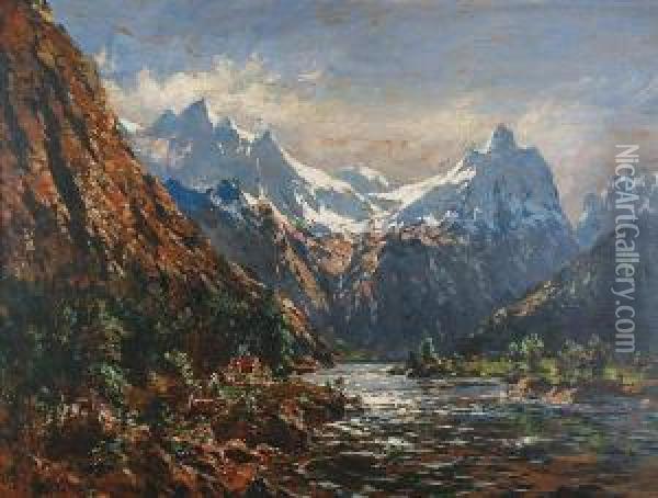 Pejzaz Z Romsdalshornet Nad Rzeka Rauma Oil Painting - Carl August H. Oesterley