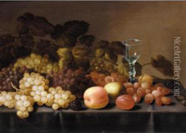 Still Life With Grapes, Logan Berries, Plums, An Apple And A Glass Together On A Table Oil Painting - Floris Gerritsz. van Schooten