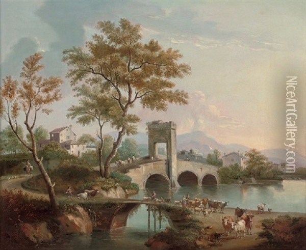 A Landscape With Drovers And Their Cattle Crossing A Bridge Oil Painting - Giovanni Battista Cimaroli
