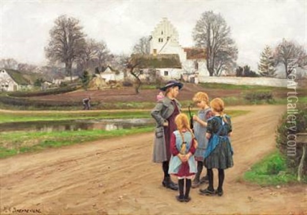 Four Girls Chatting In Front Of The Village Church (bellinge Church, Funen?) Oil Painting - Hans Andersen Brendekilde