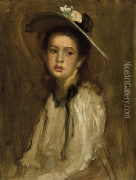 Portrait Of A Young Girl In Hat With Green And White Corsage Oil Painting - Philip Alexius De Laszlo