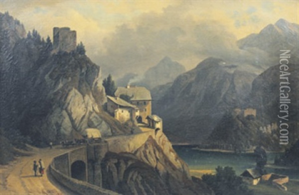 Die Tiroler Passtrase Am Fernsteinsee Mit Blick Auf Die Insel Mit Der Ruine Des Jagdschlosses Sigmundsburg Oil Painting - Anton Castell