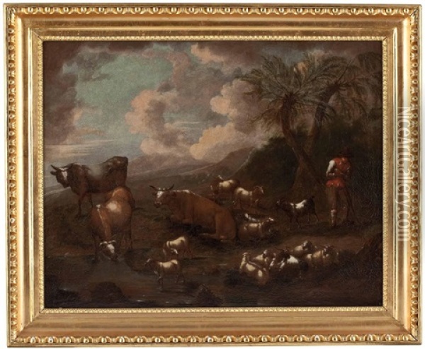 Hirten Mit Rindern, Schafen Und Ziegen In Landschaft Oil Painting - Johann Heinrich Roos