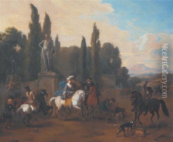 An Italianate Landscape With A Hunting Company At Rest By A Fountain Oil Painting - Jan van Huchtenburg
