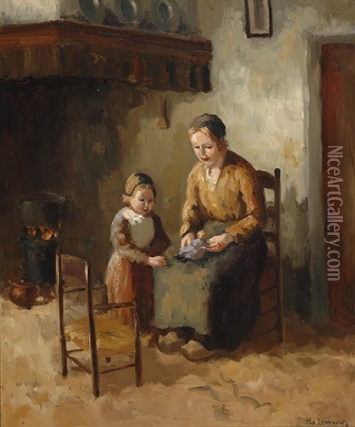Interior In Laren With A Mother And Child Oil Painting - Hendrik van Leeuwen