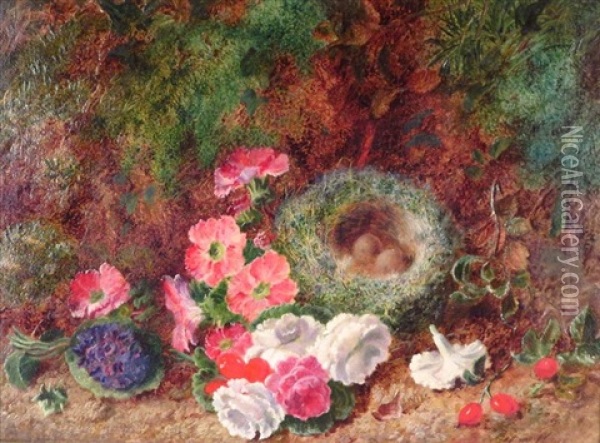 Pair Of Still Lifes With Flowers & Bird Nests Oil Painting - George Clare