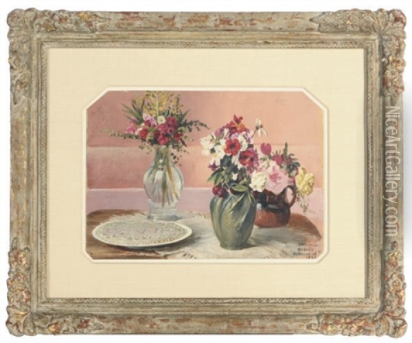 Still Life Of Flowers In Vases And A Pie Oil Painting - Conrad Wise Chapman