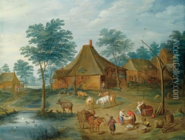 A Farmyard With Peasants Washing Clothes Near A Draw-well, A Peasant With His Horse-drawn Cart In The Foreground And A Shepherd With His Cattle Near A Farmhouse Oil Painting - Isaac Van Oosten