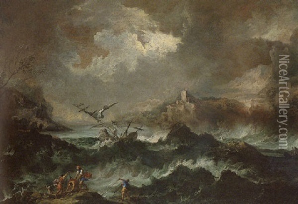 Stormy Seas With A Shipwreck And Fishermen Hauling In Their Nets Oil Painting - Antonio Maria Marini