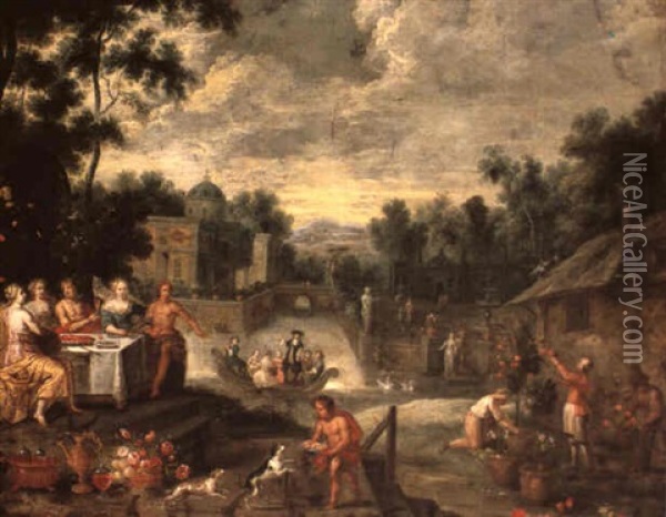 The Grounds Of A Villa With Figures Feasting, Gardeners And Elegant Figures Boating Beyond Oil Painting - Peter Gysels