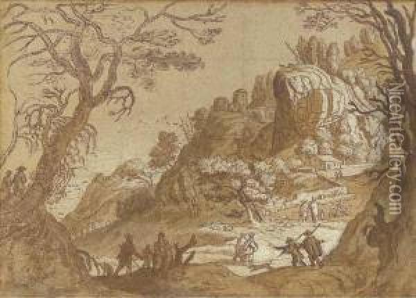 An Extensive Mountain Landscape 
Seen Through Trees, With Peasants And Their Flocks And Travellers On A 
Road Beyond Oil Painting - Matthaus the Elder Merian