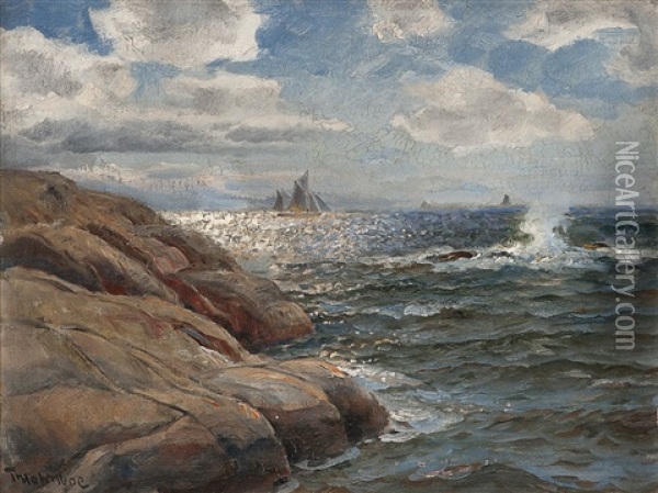Seilskute I Kystlandskap Oil Painting - Thorolf Holmboe