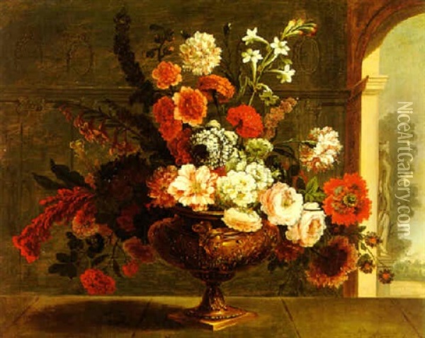 Still Life Of Flowers In An Elaborately Carved Vase, Resting On A Ledge Near An Open Window Oil Painting - Jean-Baptiste Monnoyer